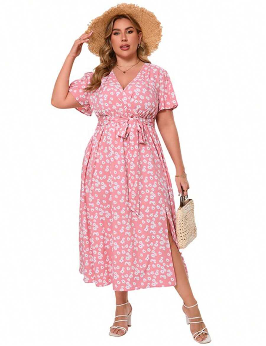 GoyRrbay Womens Plus Size Summer Dresses Short Sleeve Wrap V Neck Floral Formal Maxi Wedding Guest Long Dress With Belt - Hồng - Xem 1