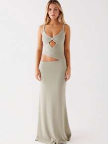 Women Summer Slim Fit Slip Dress, Sleeveless V-Neck Backless Hollowed Swing Dress  Long Dress For Cocktail Party - Light Green - 查看 1