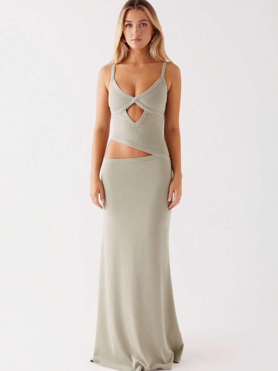 Women Summer Slim Fit Slip Dress, Sleeveless V-Neck Backless Hollowed Swing Dress  Long Dress For Cocktail Party - Light Green - 查看 1