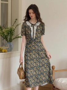 Simple Retro Women's Spring - Summer V - Neck Woven Dress With Lace Fringe, Drawstring And Floral Print - Black - View 3