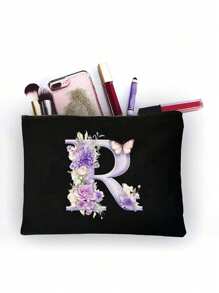 Polyester Zipper Makeup Bag With Flower And Butterfly Letter A-Z Pattern, Elegant Butterfly Design Cosmetic Bag, Coin Purse, Great Gift For Lover And Family, College Dorm Makeup Organizer, Storage Bag, Minimalist Toiletry Bag, Gift Bag, Snack Bag, Mother's Day Gift, Teacher Back To School Gift, Sister Gift, Best Gift For Mother, Birthday Gift - Black - View 16