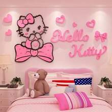 Sanrio 1PC Sanrio 3D Acrylic Wall Decal - Pink 3D Hello Kitty, Big Ear Dog Bedroom Decor, Anime Theme Wall Sticker For Room, Living Room, Bedroom Or Living Space, Cute Cartoon Design With Heart Shaped Embellishment, Hello Kitty Room Decor