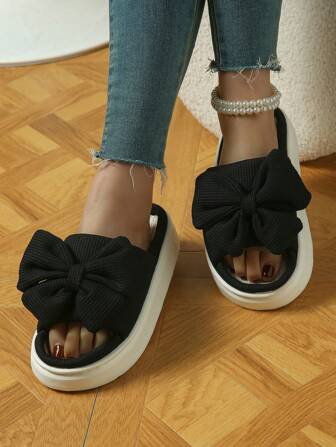时尚蝴蝶结装饰厚底拖鞋，每一步都舒适女士别致蝴蝶结厚底拖鞋 - 适合居家和休闲外出，超舒适设计，非常适合室内放松，超舒适时尚女士家居拖鞋，女士凉鞋