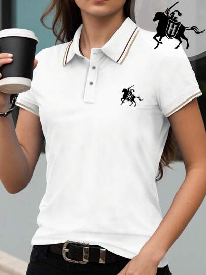 女士Polo衫，饰有小马图案，创意短袖T恤，夏季白色