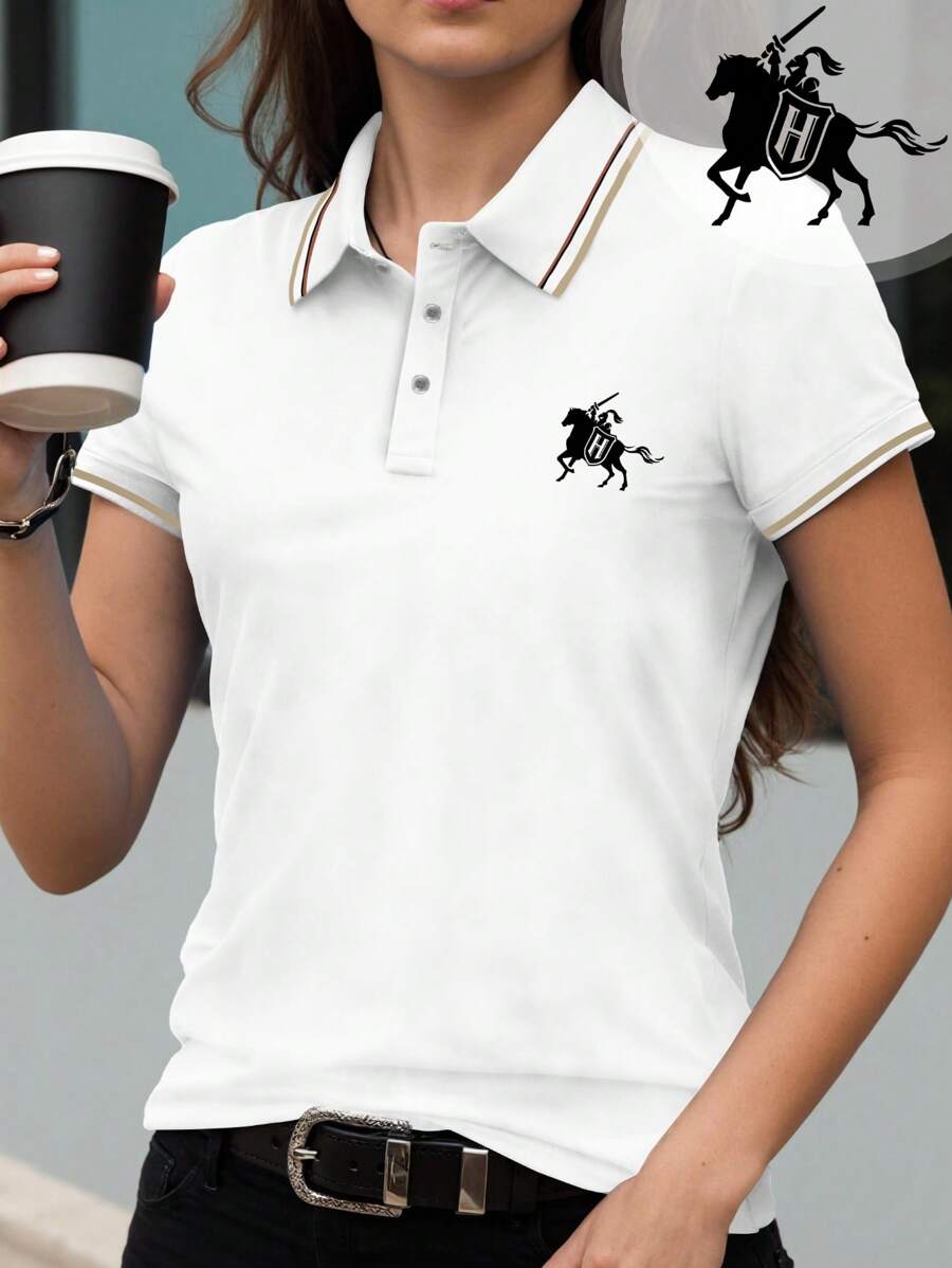 女士Polo衫,饰有小马图案,创意短袖T恤,夏季白色 - 白色 - 查看 1