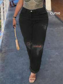 跨境新品热卖美式街头风宽松休闲破洞潮流个性腰部松紧女大码牛仔裤