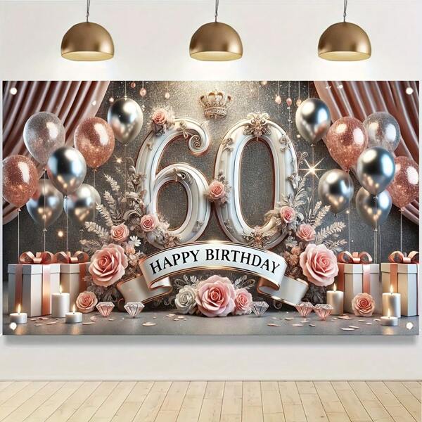 Elegant 60th Birthday Party Banner - Made Of Polyester Fiber, Featuring A Rose Gold Crown And A "60" Design, Adorned With Sparkling Balloons And Floral Decorations, Perfect For Photo Backgrounds And Celebrating Outdoor/Indoor Decorations, Birthday Party Decorations