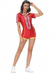Racing Jumpsuit, Motorcycle Suit, Nightclub Entertainer Stage Costume, Dance Team Performance Wear - Red - View 5