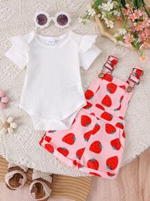 2pcs/Set Baby Girls Cute Short Sleeve Romper + Bib Pants Outfit, Lightweight Summer