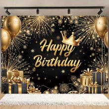 1pc Elegant Black And Gold Birthday Party Backdrop Banner, Made Of Polyester, Available In Multiple Sizes. The Black And Gold Birthday Theme Is Suitable For Birthday Parties, Themed Parties, Anniversaries, Party Decorations, New Year's Decorations, And Party Photography Backdrops. A Universal Theme. - Multicolor - View 3