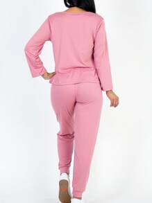 2pcs Pajama Sets For Women Solid Long Sleeve Tee & Pants PJ Set - Polignac - View 4