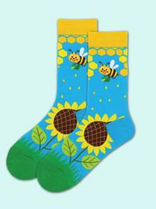 1 Pair Men's Mid-Calf Socks With Bee & Flower Graphic Design - Multicolor - View 3