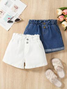 2Pcs Young Girls Cute Floral Ruffle Trim Denim Shorts, Summer Clothes - Multicolor - View 1