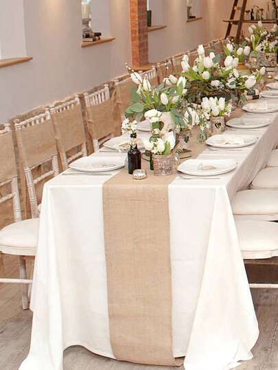 1pc Coarse Linen Table Runner, Rustic Linen Wedding Table Runner, DIY Fabric, Rectangular Woven Linen Tablecloth Decor, Suitable For Forest Party And Picnic Gathering, Wedding Chair Bow Decor, Bouquet Wrapping Fabric, Rustic Farmhouse Burlap Vintage Roll, For Home Decor, Baby Shower, Bridal Shower, Birthday Party Decor, Wedding Decor