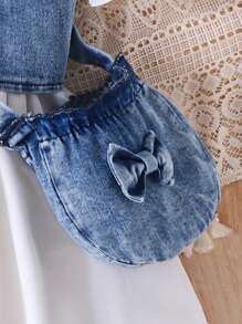 3pcs Baby Girl Set: Denim Cropped Vest Jacket, Solid Polo Collar Bubble Sleeve Ruched Waist Dress And Denim Bow Decor Crossbody Bag