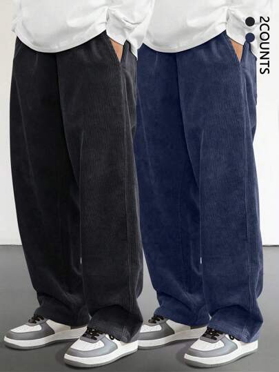 2pcs/Set Corduroy Straight Leg Casual Pants, Loose Fit Versatile Sporty Trousers For Men, Spring & Autumn