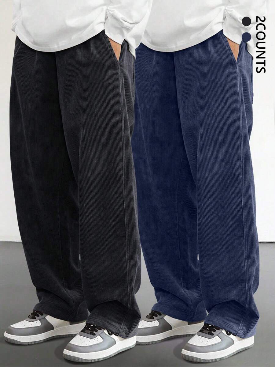 Set de 2 pantalones casuales de pana de pierna recta, pantalones deportivos versátiles y holgados para hombres, para primavera y otoño - Multicolor - Ver 1