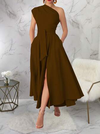 Women Summer Solid Color Sleeveless Slit Hem Long Elegant Dress