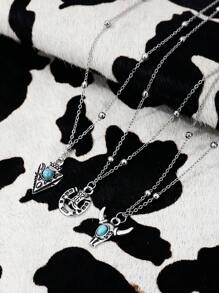 Conjunto de 3 peças turquesa estilo cowgirl ocidental vintage cabeça de touro ferradura cacto colar de corrente minimalista (colar cortado por comprimento, não por número de contas)