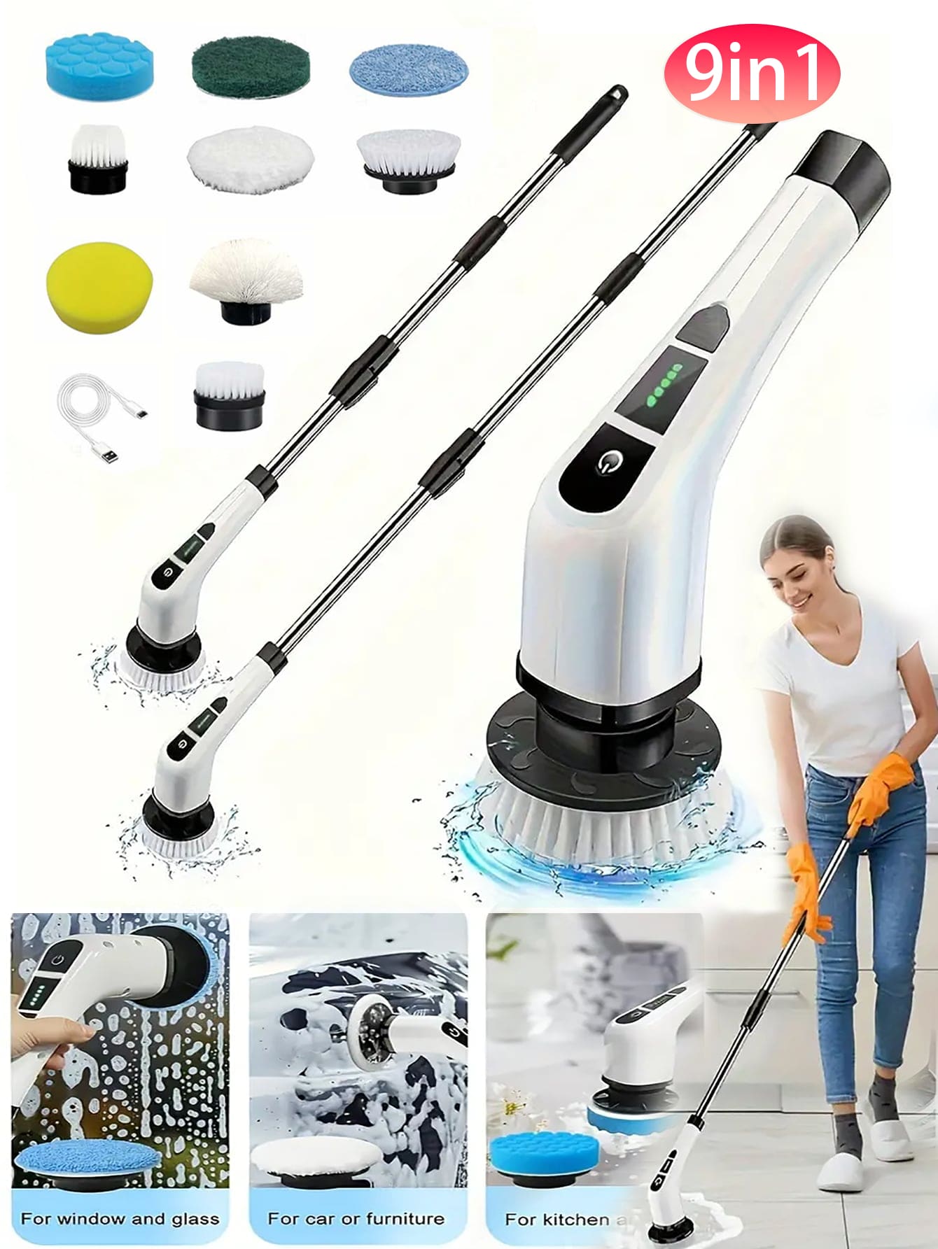 1 无线电动旋转清洁器 - USB 充电，7 至 9 个可更换刷头，双速，可拆卸伸缩手柄，电池电量指示器，适用于厨房/客厅/浴室清洁，锂电池供电，七合一和九合一家用清洁产品