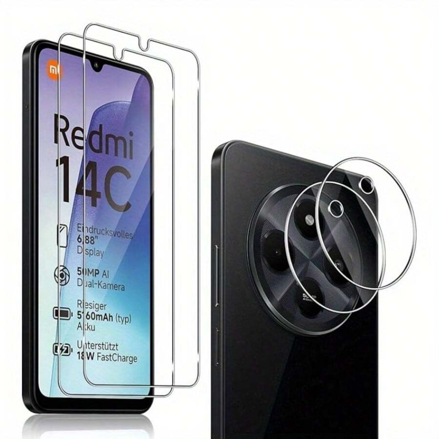 Set da 4 pezzi compatibile con Xiaomi Redmi 14C - 2 pezzi di pellicola protettiva in vetro temperato per schermo + 2 pezzi di pellicola protettiva in vetro temperato per fotocamera, pellicola protettiva anti-graffio per 14T/14T PRO/14/13T/13C/13T Pro, regalo per compleanni, famiglia, amici, protezione per schermo del telefono, accessori per telefono, impermeabile, antiurto, anti-caduta, anti-impronta digitale, copertura completa