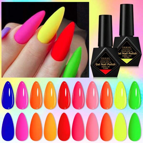 FOUR LILY 10ml Fluorescent Color Nail Gel Polish For Nails - Neon Colors Nail Gel For Nails, Spring Summer Gel Nail Polish, Purple Red Blue Pop Color Gel Polish, UV/LED Soak Off, For Nail Art DIY For Music Festival