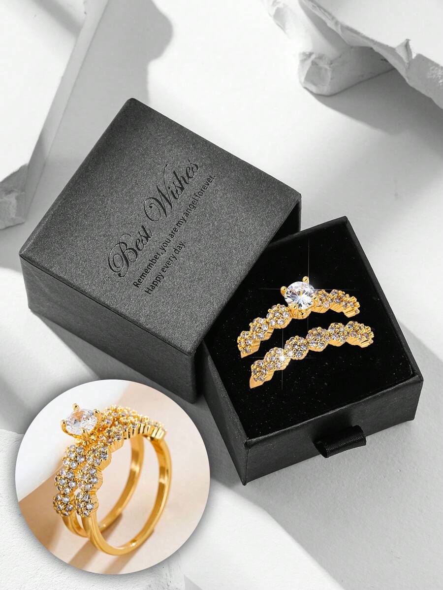 礼盒套装，奢华金戒指，全方晶锆石镶嵌，纯铜仿钻首饰，适合女性婚礼和节日礼物 - 金色 - 查看 1