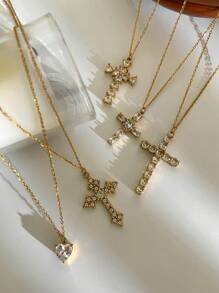 Monlansher Nuova collana con ciondolo a croce in acciaio inossidabile per donna, realizzata a mano con zirconia cubica, design alla moda e versatile per uso quotidiano