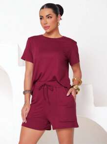 Women's Set In Fleece Fabric Comprising Shorts And Short Sleeve Cropped Top - Burgundy - View 7