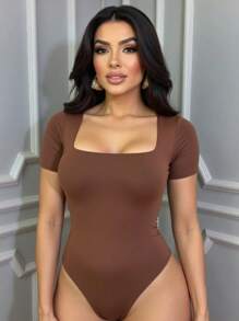 Kit 3 Women's Suplex Bodysuit Short Sleeve Square Neckline Low-Cut Sleeves Double Lining Premium Fabric - 棕色 棕色 棕色 - 查看 3