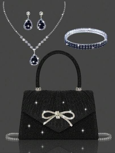 闪亮优雅的迷你蝴蝶结女士晚宴包，配有闪亮水钻首饰三件套，简约时尚的纯色褶皱翻盖手提包，适合节日派对、舞会、聚会、宴会、婚礼等场合。是新年最佳礼物。