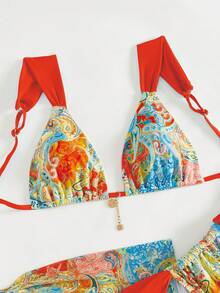 随机佩斯利印花浅蓝色粗肩带装饰金色点缀女士泳衣上衣、三角短裤和纱笼裙 3 件套，海滩度假风格 - 多色-橘紅 - 查看 4