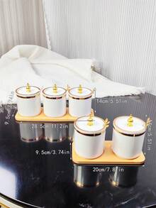 1 Set de Tarros de Especias con Base de Madera y Borde Dorado Vintage para Uso en la Cocina