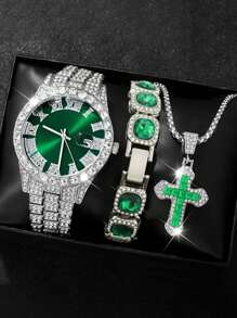 3 PIÈCES/SET Mode HIPHOP Luxe strass Bande d'Acier Calendrier Échelle Romaine Montre à Quartz Homme Avec Ensemble Bracelet strass. Collier Pendentif Croix Zircone Titane. Ensemble Cadeau Collier Bracelet Montre pour Soirées, Fêtes, Clubs Noctunes Décoration Bijoux Accessoires