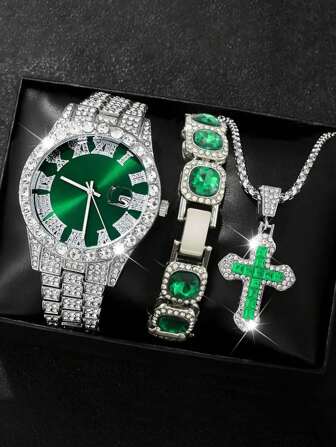 3PCS/SET HIPHOP Fashion Luxury Rhinestone Steel Band Calendar Roman Scale Men's Quartz Watch With Rhinestones Set Bracelet Titanium Cross Zirconia Pendant Titanium Steel Necklace Gift Set Parties Evenings Fashion Necklace Bracelet Watch Gift Set Nightclubs Decoration Jewelry Accesories