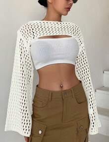 GoyRrbay Womens Cropped Knit Sweater Top Hollow Out Bolero Shrug See Through Crochet Shrug Y2K Top - 白色 - 查看 1