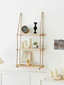 1pc Wall Hanging Decorative Rope Shelf, No Drill Required, Macrame Rope Wooden Bookshelf Wall Decor Rack - Khaki - View 2