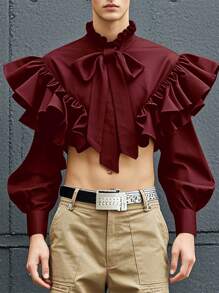INCERUN Fashion Mens Tie Front Buttons Long Sleeve Ruffle Blouse Holiday Party Casual Shirt Tops - 酒紅 - 查看 2