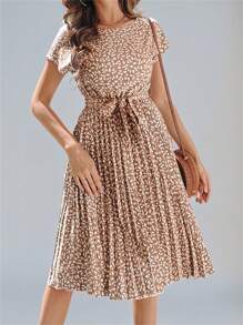 Summer Crew Neck Batwing Short Sleeve Ditsy Floral Bohemian Ruffled Tiered Vacation Dress - Khaki - View 1