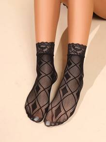 Women Lace Crew Socks, New Hollow-Out Mesh Socks, Women Mid-Calf Socks, Fall - Black - View 5