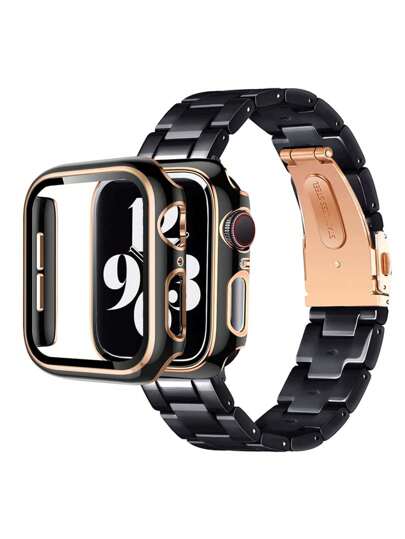 二合一时尚女士表带和手表保护壳套装 - 轻质 PC 树脂玫瑰金金属扣，时尚女孩黑色表带和 PC 硬质材料嵌入式玫瑰金框架带屏幕保护膜，防刮防尘保护，兼容 Ultra 3 2 1 系列 SE/10/9/8/7/6/5/4/3、38mm/40mm/41mm/42mm/44mm/45mm/46mm/49mm 智能手表配件