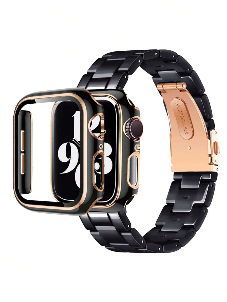 2-in-1 stilvoller Damen Uhrenarmband und Uhrenscbutzgehäuse Set - Leichtgewichtige PC Harz Rose Gold Metallschnalle, farbenfroher Mädchen schwarzer Armband und PC Hartmaterial eingebettet mit Rosegold Rahmen mit Bildschirmschutz, kratzfest und staubdicht, kompatibel mit Ultra 3 2 1 Serie SE/10/9/8/7/6/5/4/3, 38mm/40mm/41mm/42mm/44mm/45mm/46mm/49mm Smartwatch Zubehör - Schwarz - Übersicht 1