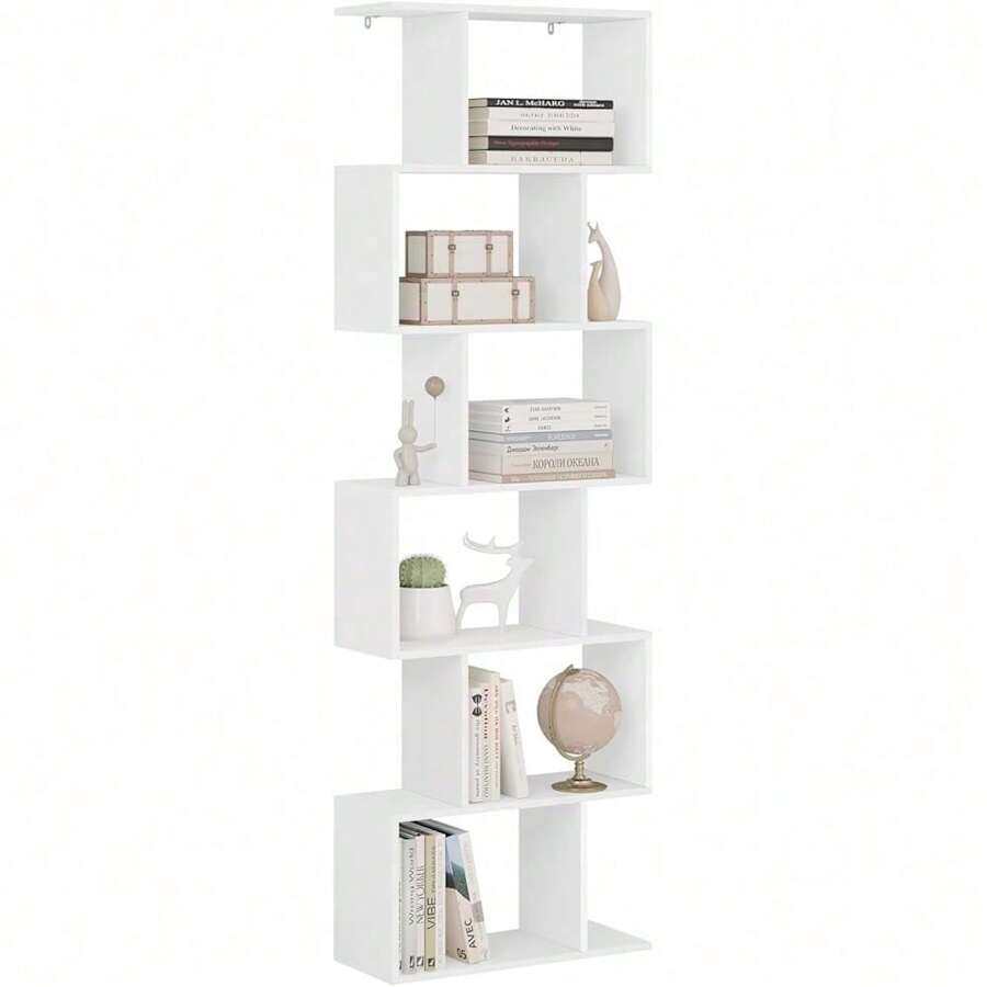 WOLTU Bücherregal mit 6 Ebenen, Regal weiß, Bücherschrank Standregal Aufbewahrungsregal Büroregal Raumteiler, S-förmig, modern, für Wohnzimmer Schlafzimmer Büro, 60x189,5x24 cm, SK044ws - - - Übersicht 1