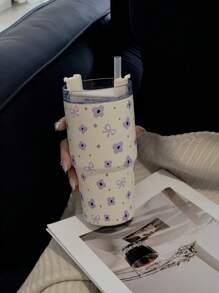 1pc 20oz (600ml) Stainless Steel Insulated Tumbler With Flower & Bow Pattern, Double Wall Vacuum Cup, Coffee Mug, Water Bottle, Suitable For Office, Home, Outdoor, School And Occasions Like Valentine's Day, Christmas, Ramadan, Mother's Day, Birthday Gift Back To School