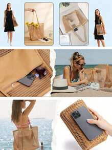 1pc Mesh Tote Bag, Cosmetic Bag, Casual Handbag, Foldable Women's Shoulder Bag For Picnic, Waterproof, Foldable, Essential Bag, Multifunctional Shoulder Shopping Tote, Mesh Hollow Bag, Mesh Bag, Bathroom Storage Bag, Multifunctional Toiletry Bag, Bathroom Bag And Shoulder Tote, Lightweight, Large Capacity, Portable Mesh Beach Bag, Suitable For Family Travel, Vacation, Beach, Camping And Hiking, Summer Holiday Bag