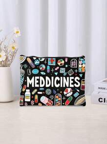 黑色帆布药丸收纳袋，带拉链 - 可重复使用的旅行和化妆包，商务旅行必备，采用“药物”和彩色医学插图设计，是送给女性、姐妹、女儿的完美礼物
