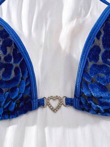 2 件女式蓝色烧豹纹比基尼，度假海滩蕾丝吊带，露背，猎豹印花，爱心金属环装饰，性感比基尼套装，性感内衣套装