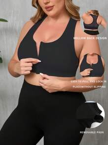 1 Stück schwarze Vorderverschluss nahtlose Cut Out Sport Lingerie BH, Breite Träger Frauen Große Größen Drahtloser Lingerie BH