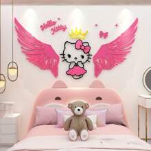 Sanrio 1PC Sanrio 3D Acrylic Wall Decal - Pink 3D Hello Kitty, Big Ear Dog Bedroom Decor, Anime Theme Wall Sticker For Room, Living Room, Bedroom Or Living Space, Cute Cartoon Design With Heart Shaped Embellishment, Hello Kitty Room Decor