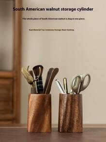 1pc Solid Walnut Wood Retro Storage Bucket, Tea Accessories Container, Pen Holder, Modern Minimalist Wooden Office Desk Stationery Organizer, Handmade Walnut Wood, Color And Size May Vary, Back To School